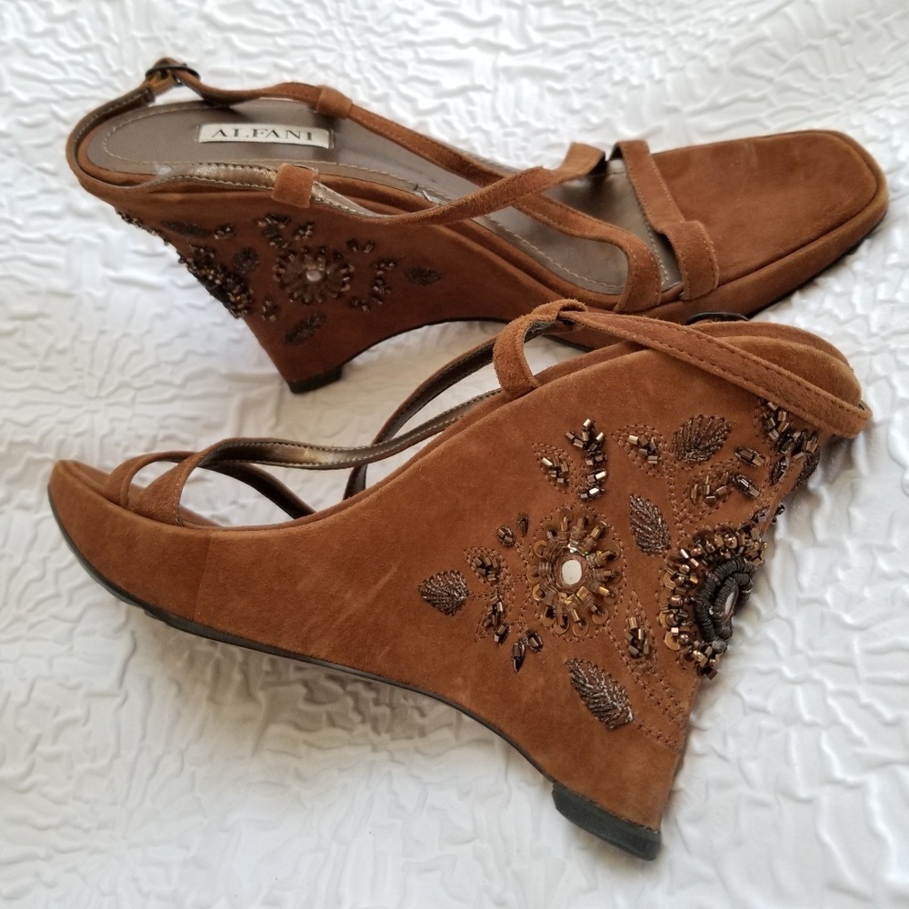 Alfani Serenity Caramel Suede Beaded Wedge Sandals